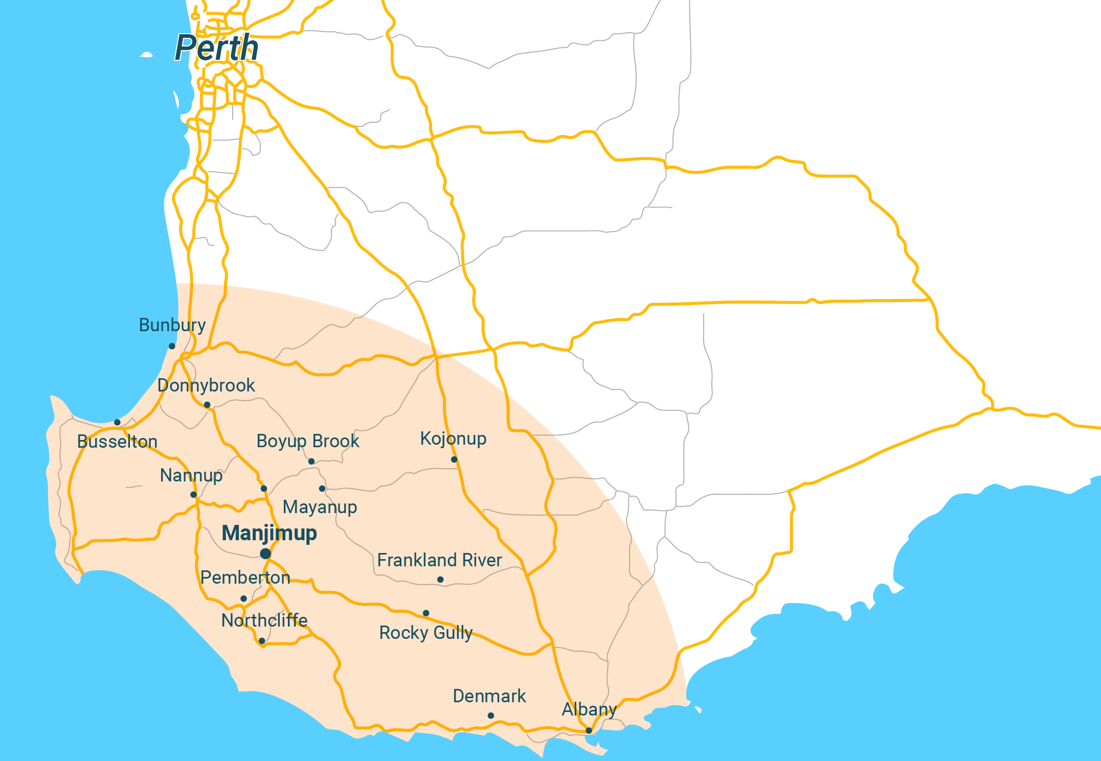 Map of the Fuels West bulk delivery area across the South-West and Great Southern regions of Western Australia